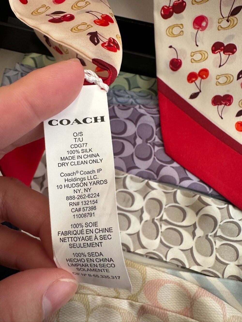 NWT! Coach CDG77 Sculpted C Cherries Print Silk Wide Skinny Scarf In Chalk Red - Picture 6 of 8
